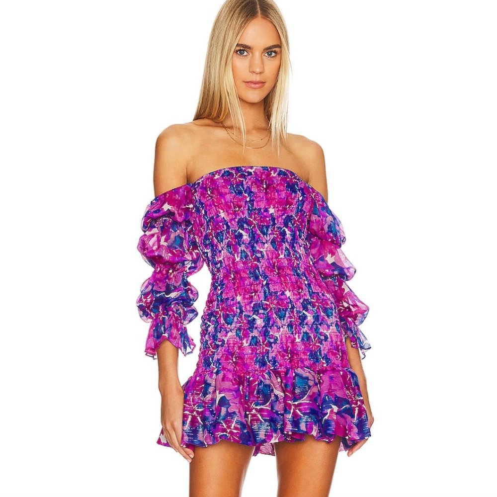 Misa Los Angeles Pink and Purple Off-Shoulder Dress